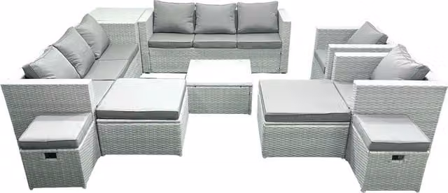Fimous Garden 12 Seater Rattan Outdoor Furniture Set with 4 Footstools and Side Table in Light Grey