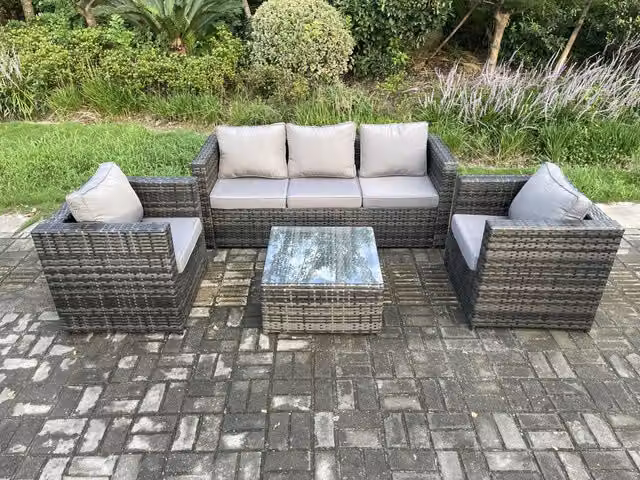 Fimous Outdoor Lounge Sofa Set in Dark Grey Mixed Rattan with 3-Seater Sofa, Armchair and Coffee Table