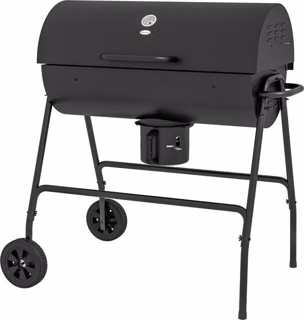 Outsunny Black Steel Barrel Charcoal Barbecue Grill Trolley with Warming Rack, Thermometer and Wheels, W/D/H: 95 x 50 x 102 cm