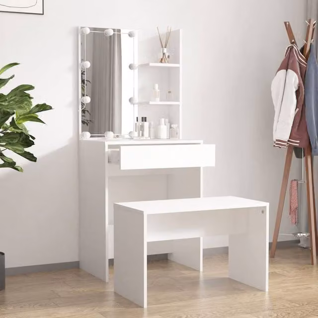 Berkfield Home White Dressing Table Set with Hollywood LED Mirror and MDF Construction, W: 140 cm, D: 40 cm, H: 60 cm