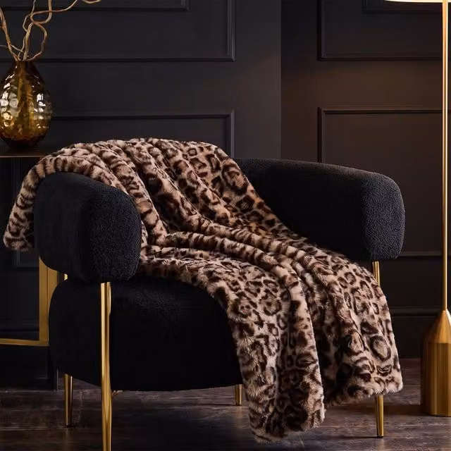 OHS Leopard Faux Fur Fleece Throw Thermal Blanket in Brown, W: 125 cm, D: 150 cm – 1