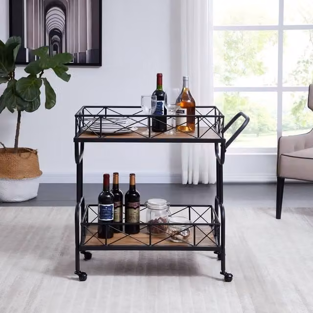 Mona Vale Furniture Industrial 2-Tier Metal Bar Cart with Castors in Brown
