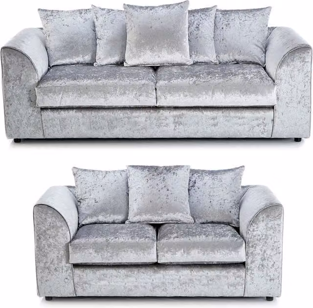 Furnishings For Less UK Crystal Crushed Velvet 3 and 2 Seater Sofa Set in Silver