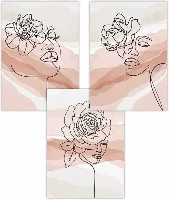 ARTZE Set of 3 Boho Female Line Art Floral Face Abstract Portrait Posters in Pink and Ivory, W: 59 cm, H: 84 cm