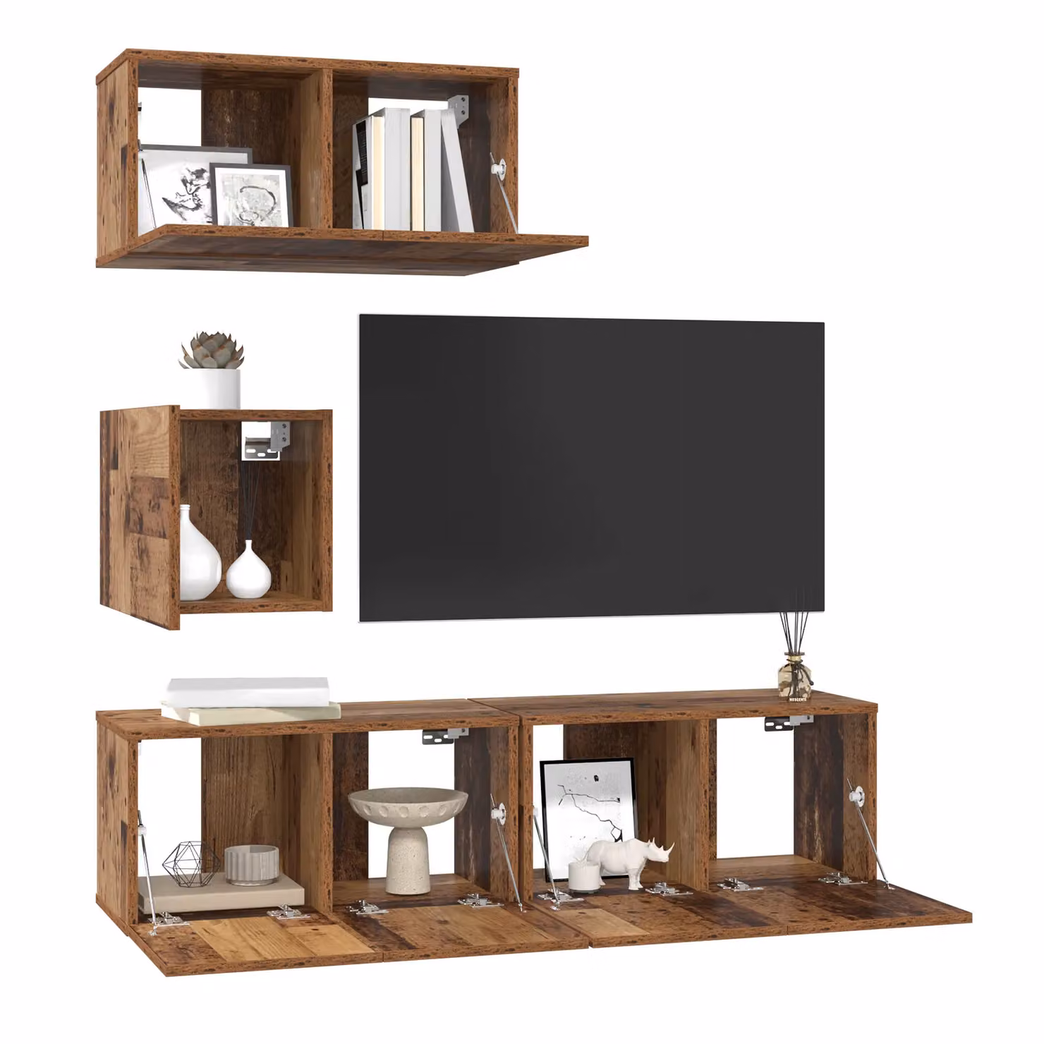 Berkfield Home 4-Piece Modern Wall Mounted TV Unit Set in Brown Old Wood, W/D/H: 60 x 30 x 30 cm – 3