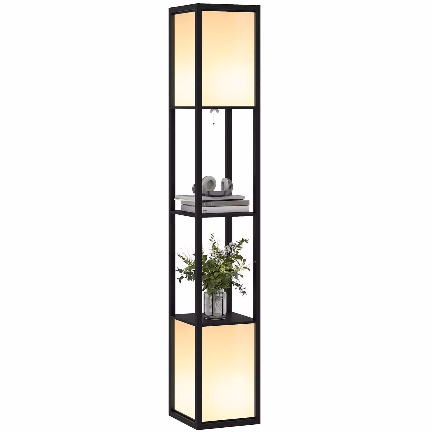 HOMCOM Modern Black Metal Floor Lamp with Dual Up and Down Lighting and Shelves for Living Room or Bedroom – 2