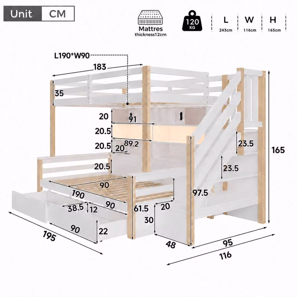 Matteo Single Bunk Bed Frame with Storage Staircase, LED Lighting and USB Charging Port in White – 2