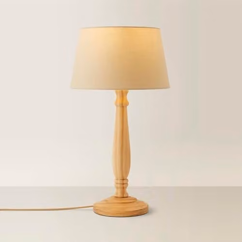 ValueLights Traditional Wood Candlestick Table Lamp with Beige Fabric Cone Shade