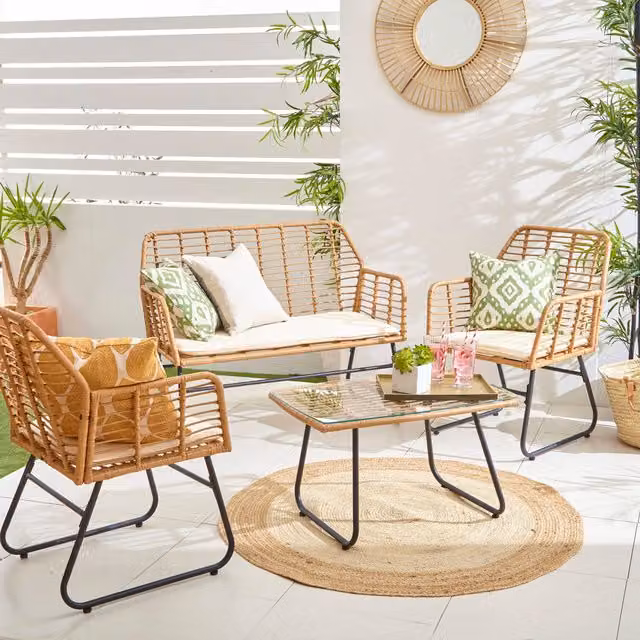 Neo 4 Piece Bamboo Style Garden Sofa, Table and Chairs Set in Beige, Black and Grey with Rattan and Glass Details