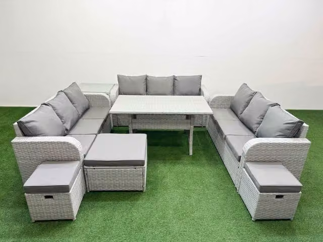 Fimous 12 Seater PE Rattan Outdoor Garden Furniture Set in Light Grey with Rectangular Dining Table, 3 Seater Sofa, 3 Stools and Side Table