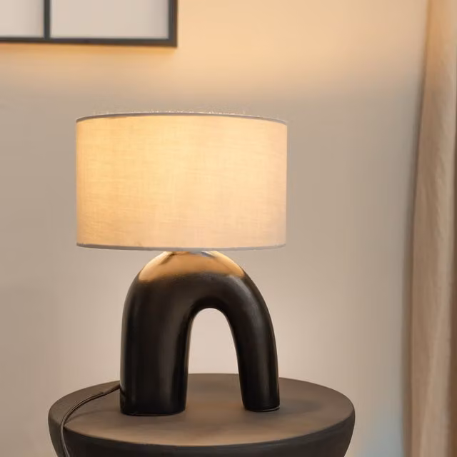 ValueLights Lia Abstract Arch Ceramic Table Lamp with Fabric Drum Shade and LED Bulb in Grey