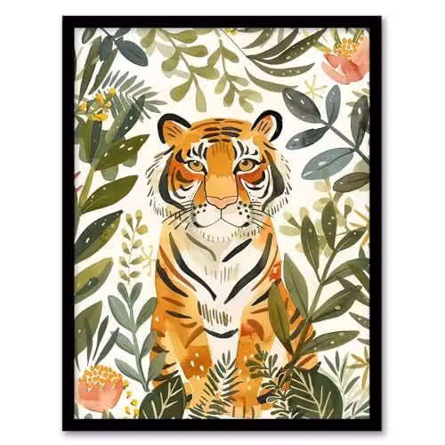 Artery8 Cute Tiger in Floral Tropical Jungle Watercolour Framed Wall Art Print, Multicolour, W: 21.0 cm, H: 29.7 cm – 1