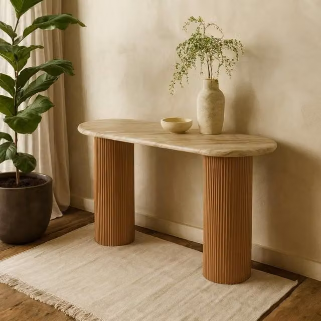 Wyld Haus Boston Pedestal Console Table in Natural Oak and Brown Marble, W/D/H: 40.0 x 34.15 x 77.0 cm