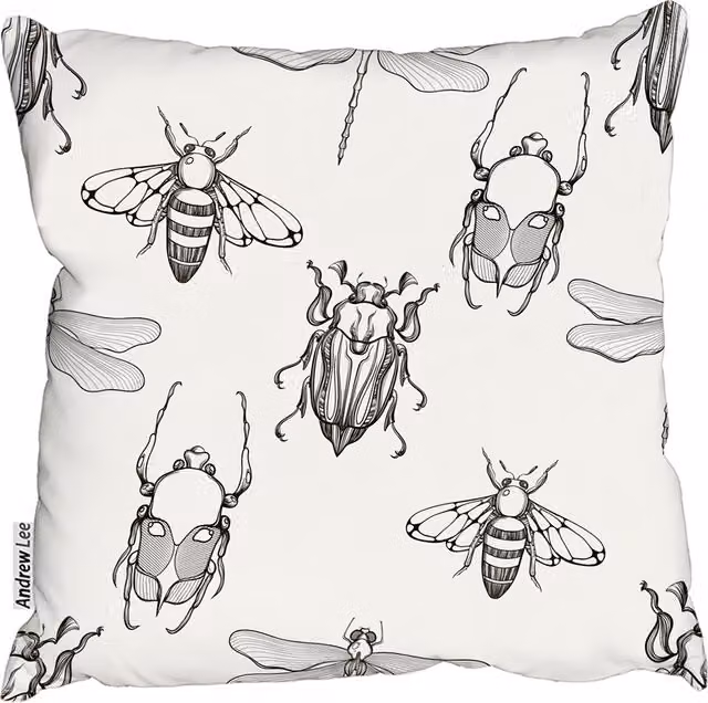 Andrew Lee Sketch of Scarab Beetle, May Bug, Bee and Dragonfly Cushion, White, W: 60 cm x H: 60 cm