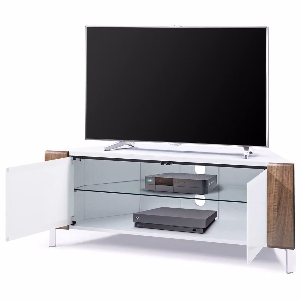 MDA Designs CORVUS Modern Corner TV Stand in White and Walnut for Flat Screen TVs up to 50 inches, W: 120 cm, D: 45 cm, H: 48 cm – 5