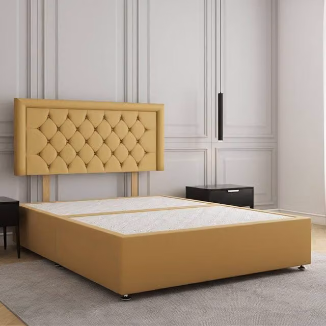 Regional Furnishings Super King Plush Velvet Divan Bed Base with 24 Inch Headboard in Mustard Yellow, W/D/H: 200 x 200 cm