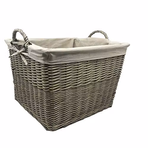 JVL Antiques Wash Yellow Fabric Lined Rectangle Log Basket with Handles W/D/H: 54.0 x 47.0 x 47.0 cm – 2