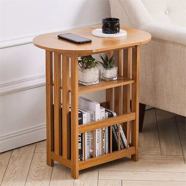 Nordara Small Side Table and Magazine Rack with Drop Leaf Storage Stand in Brown – 1