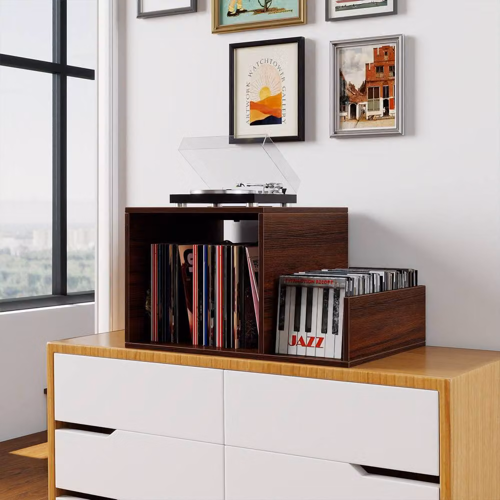 Gymax Modern Brown Metal Turntable Stand with Power Outlet and Display Shelf – 2