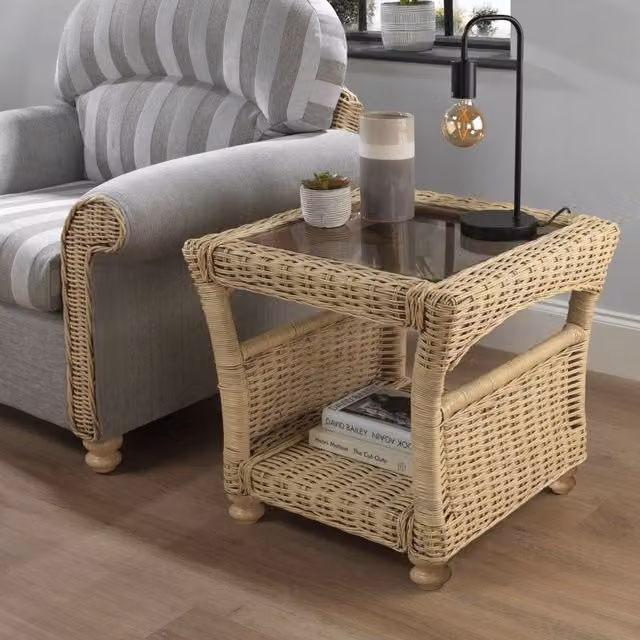 Desser Samford Cane Side Table in Natural Wash with Glass Top and Rattan Design in Sand and Beige