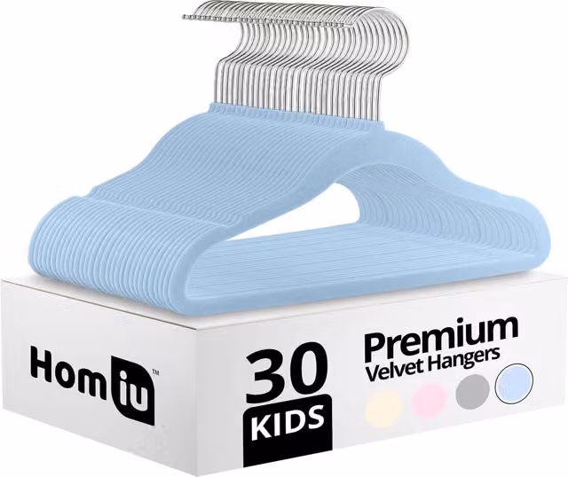 Homiu 30 Pack Non-Slip Velvet Kids Hangers with Swivel Hook, Blue