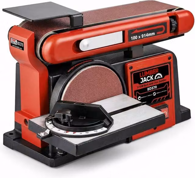 Lumberjack 370W Belt and Disc Benchtop Sander Linisher with Heavy Duty Cast Iron Base in Red – 9