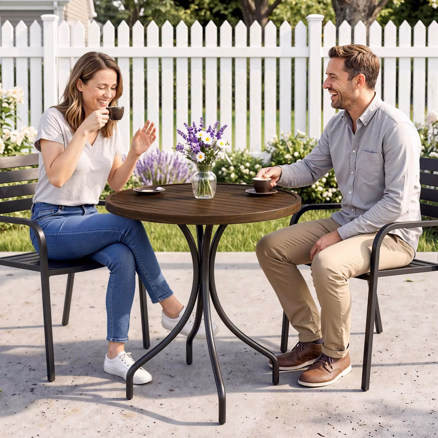 Outsunny Round Garden Side Table with Brown Wood Grain Slat Tabletop and Steel Frame, Diameter: 66 cm, Height: 71.5 cm – 5