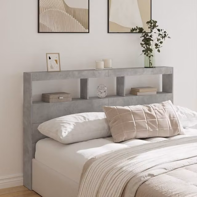 Berkfield Home Modern Headboard Cabinet in Concrete Grey with Integrated LED Lighting and USB Charging Port, W: 160 cm, D: 17 cm, H: 102 cm – 1