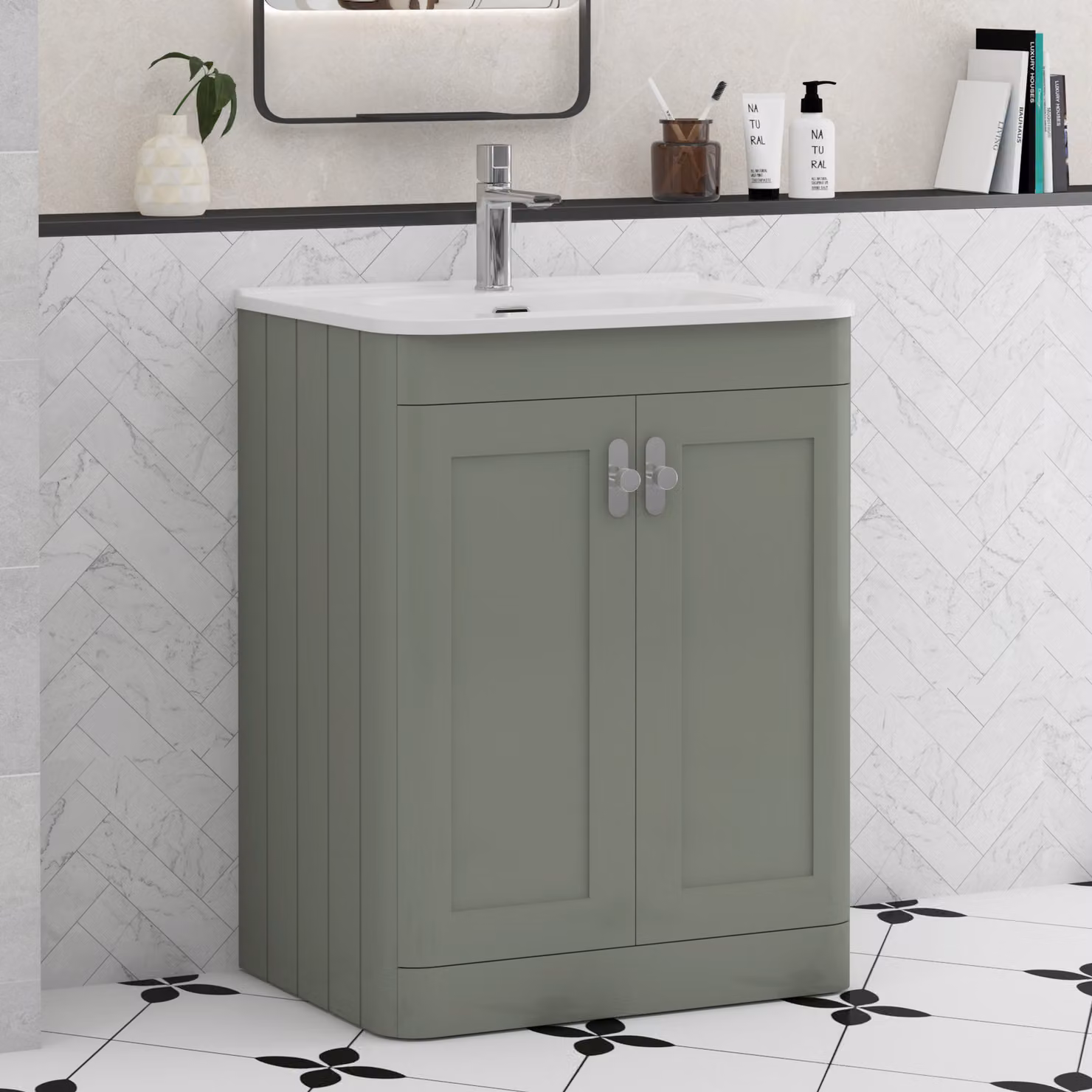 Royal Bathrooms Henley 600mm Sage Green Floor Standing 2 Door Vanity Unit with Ceramic Basin and Chrome Knob