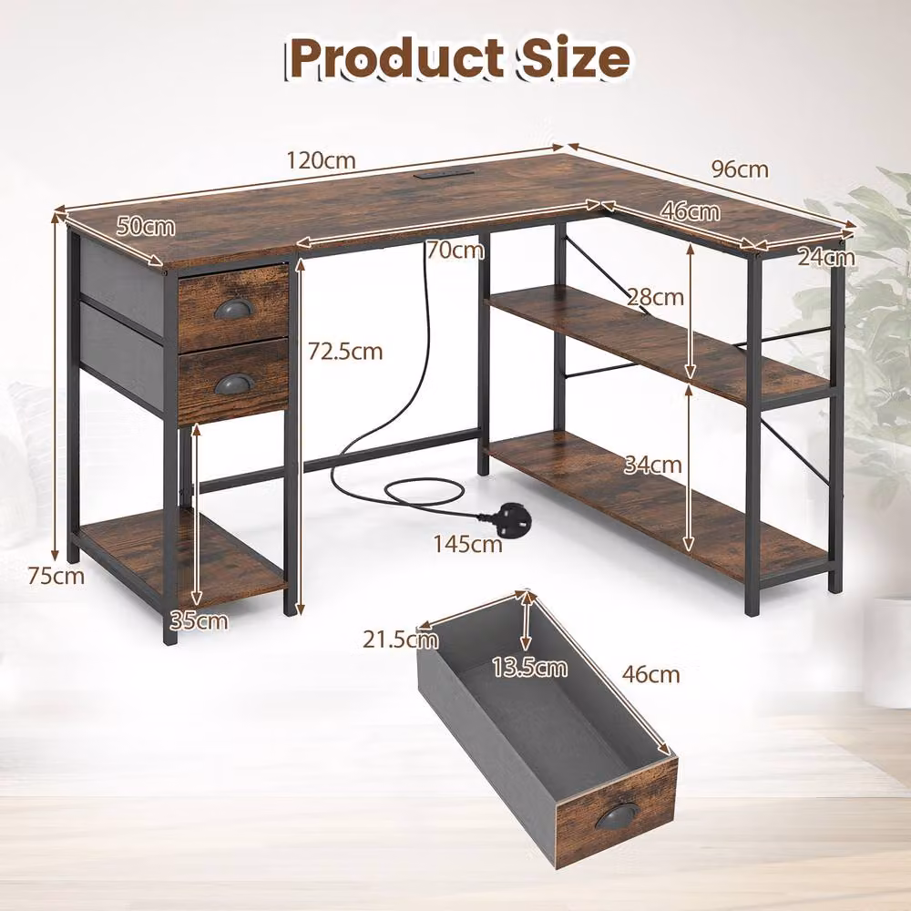 Gymax L Shaped Corner Desk with Charging Station and Cable Management, Brown – 2