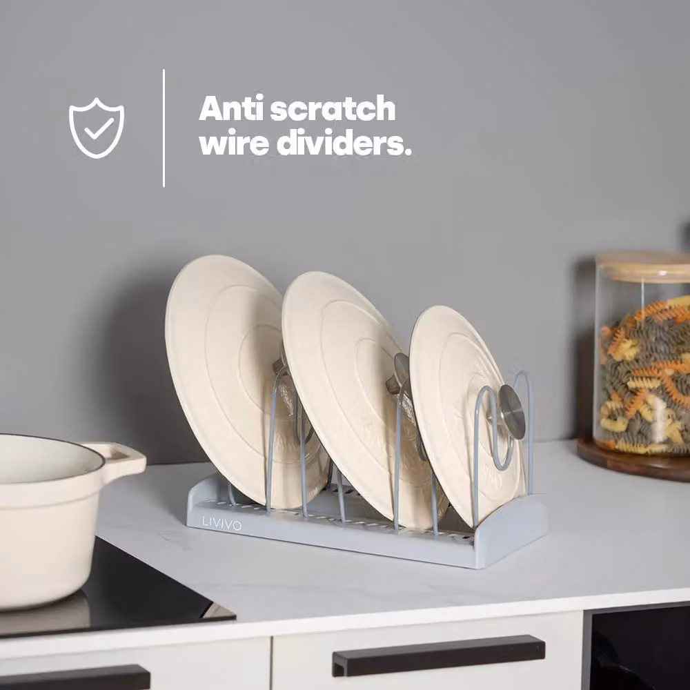 LIVIVO Adjustable Grey Metal Pan Lid Holder and Kitchen Storage Rack with Anti-Slip Dividers – 4