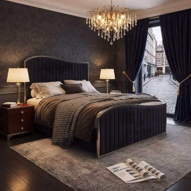 KDMD Hurstpierpoint Super King Upholstered Velvet Designer Bed Frame with Black Metal Details, W/D/H: 200 x 137 x 189 cm