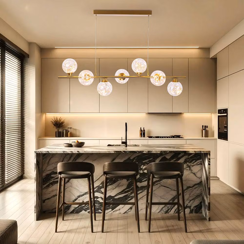 NIVOR 7 Light Dimmable LED Linear Pendant Light in Metallic Gold with Transparent Glass – 4
