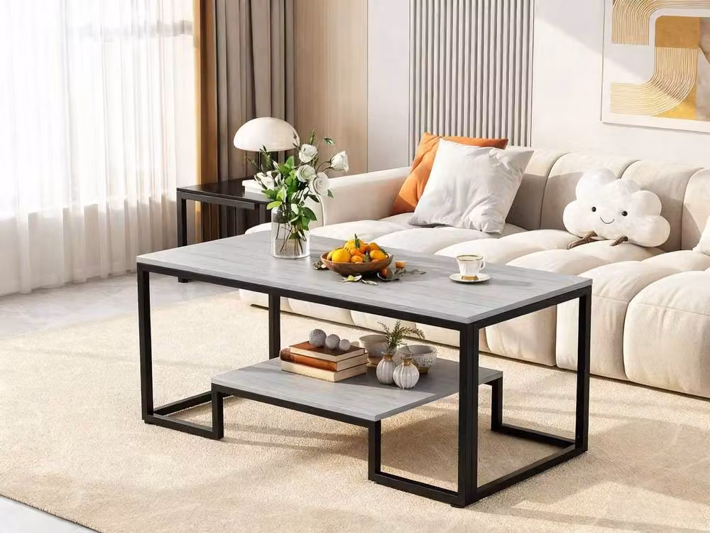 Alivio Industrial 2-Tier Rectangular Coffee Table with Wood Top and Metal Frame in Grey and Black, W/D/H: 100 x 50 x 48 cm – 2