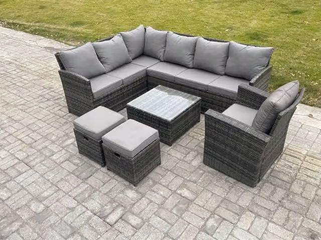 Fimous 9 Seater Outdoor Garden Furniture Set in Dark Grey PE Rattan with Corner Sofa, Square Coffee Table, 2 Footstools and Armchair