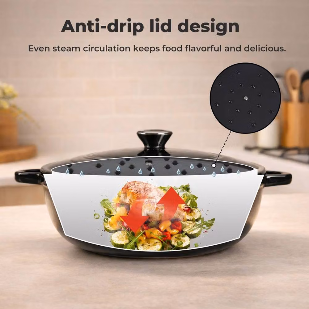 EONLION Enamelled Cast Iron Bread Baking Casserole Pot with Self-Basting Lid, Black – 5