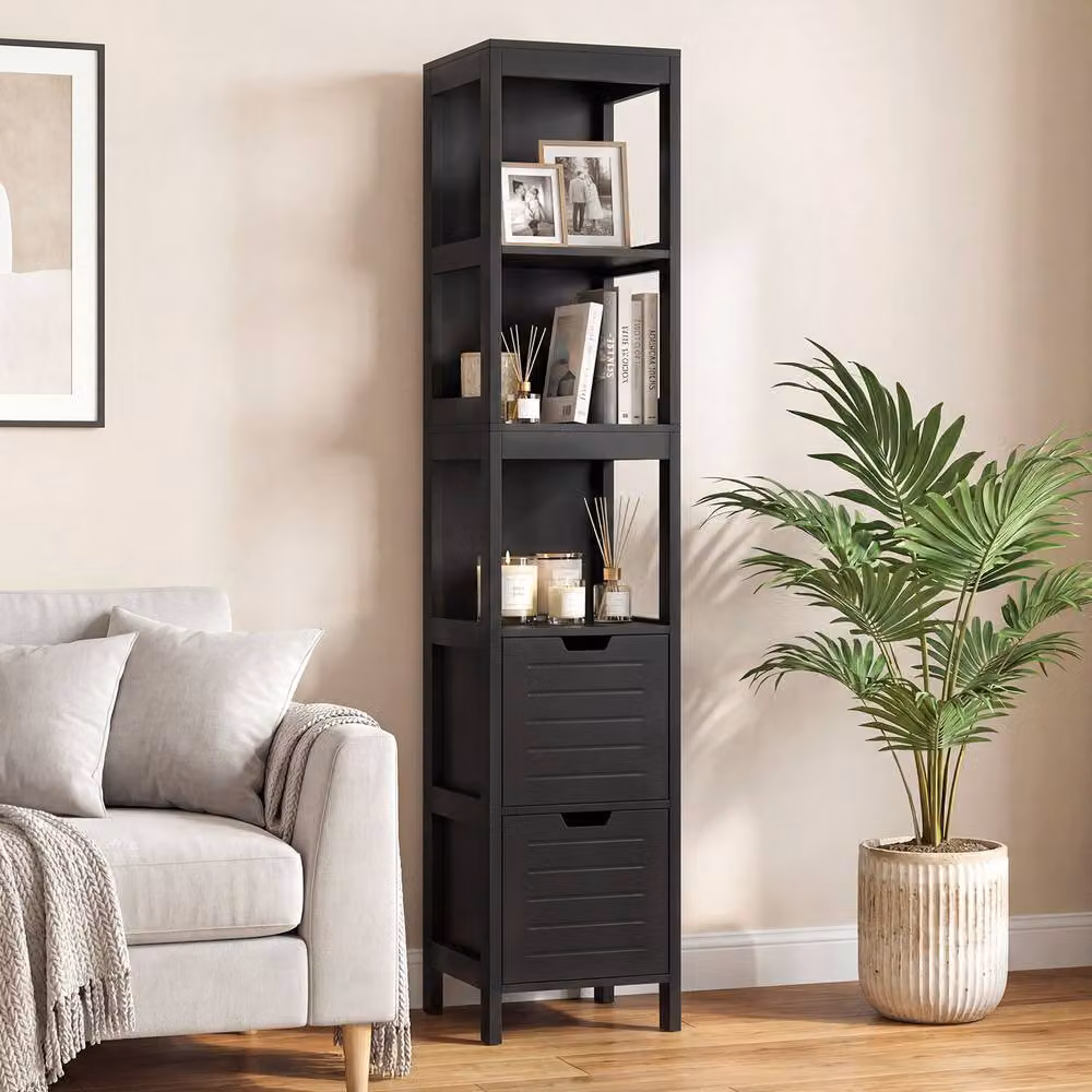 Costway Black Narrow Freestanding Bathroom Storage Cabinet with 2 Drawers and 3 Shelves – 3