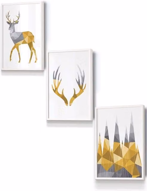 ARTZE Geometric Stags Framed Wall Art Set in Yellow, Grey and White, W: 33 cm, H: 45 cm, D: 20 mm