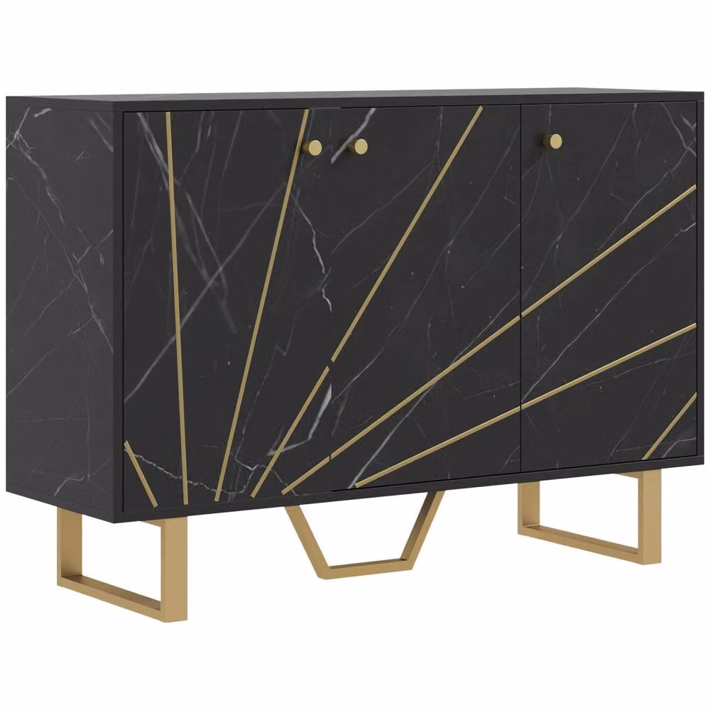 Wyld Haus Suno Modern 3-Door Sideboard in Black Marble Effect with Gold Metal Legs – 2