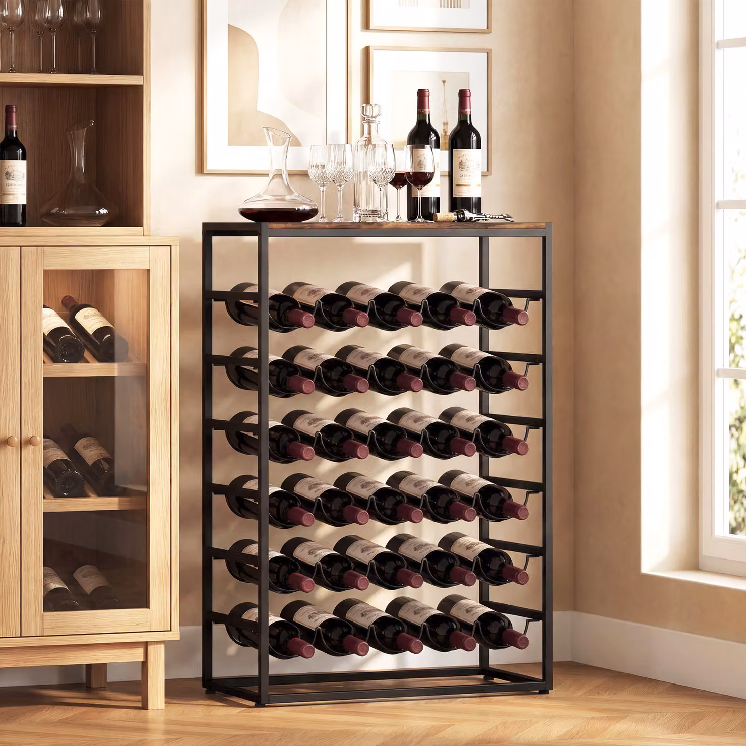 HOMCOM 6 Tier Freestanding Wine Rack for 30 Bottles with Wood Effect Tabletop in Rustic Brown and Black – 7