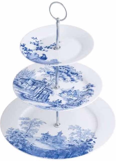 Aynsley Archive Blue Floral Three Tier Bone China Round Cakestand in Blue and Multicolour