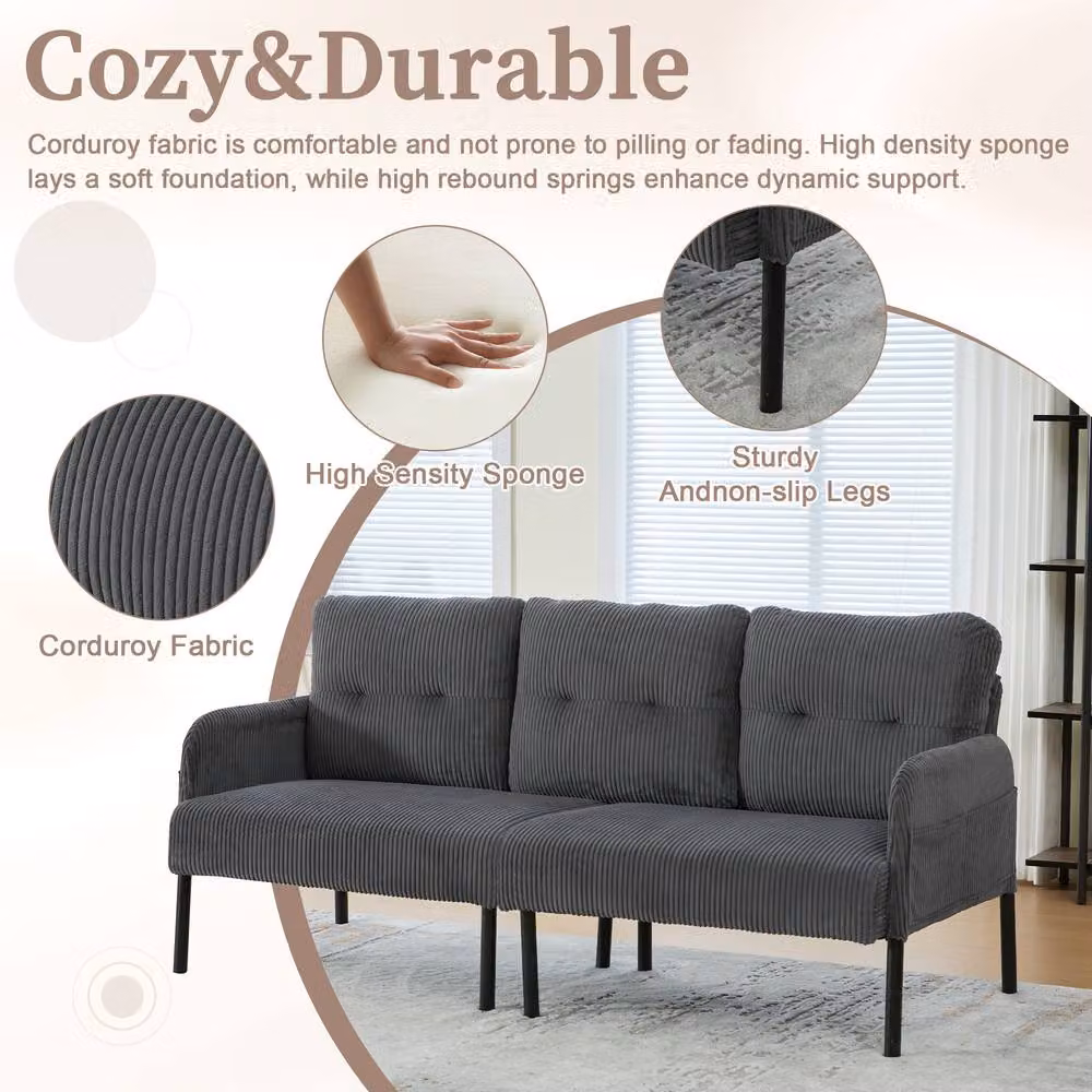 HomeTouch Modern 3 Seater Click Clack Sofa in Grey with Side Pockets and Armrests, W: 171 cm, D: 80 cm, H: 57 cm – 2