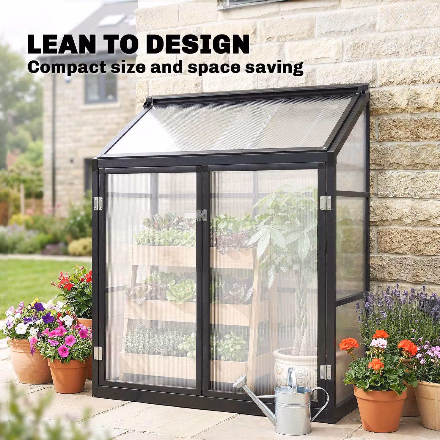 Outsunny Black Polycarbonate Lean-to Walk-in Greenhouse with Hinged Door and Top Vent, W/D/H: 121.92 x 60.96 x 155 cm – 4