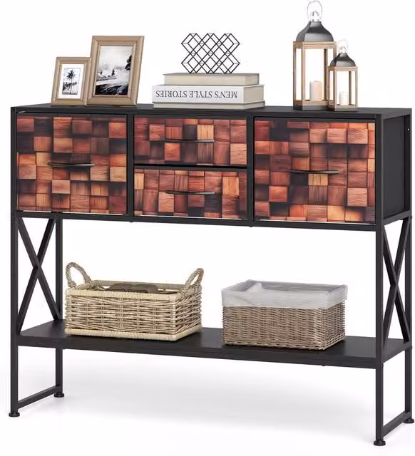 Costway Modern Geometric Console Table with 4 Fabric Drawers and Shelf in Black and Multicolour