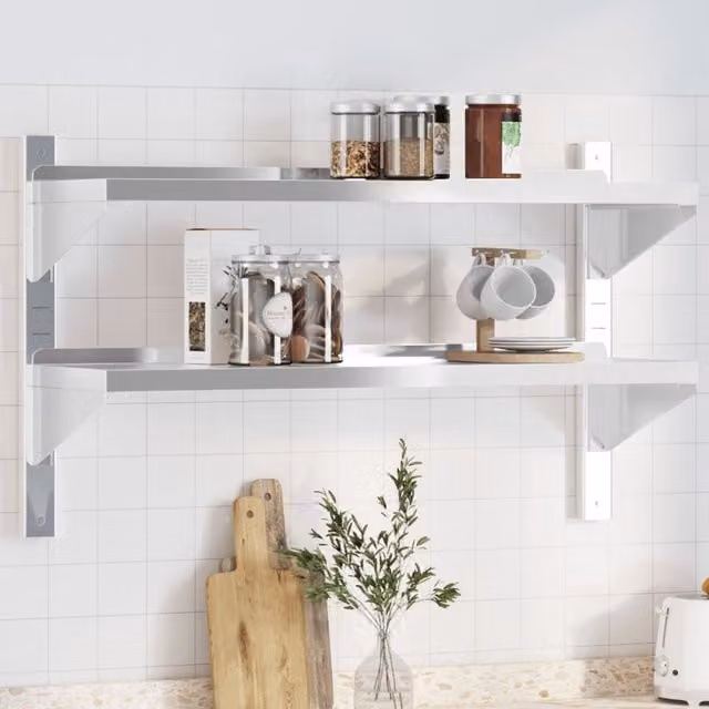 Berkfield Home 2-Tier Wall Mounted Metal Shelf in Silver, W/D/H: 100 x 30 x 60 cm