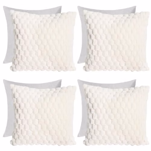 OHS Pack of 4 Waffle Faux Fur Decorative Cushions with Removable Covers, Cream/Beige, W/D/H: 45 x 45 x 45 cm