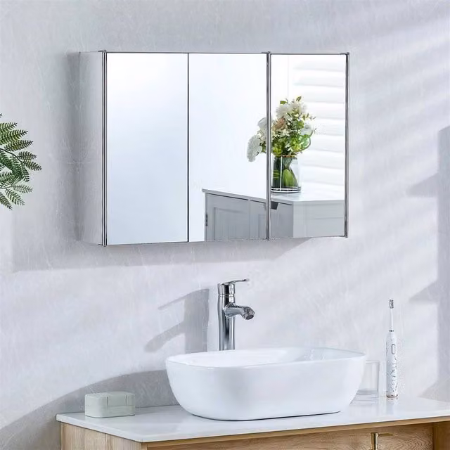 PAWNORA Modern Silver Steel Mirrored Bathroom Cupboard with Hinged Doors
