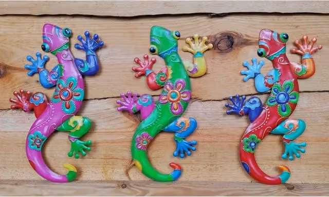 Set of 3 Multicolour Metal Gecko Hanging Plaques