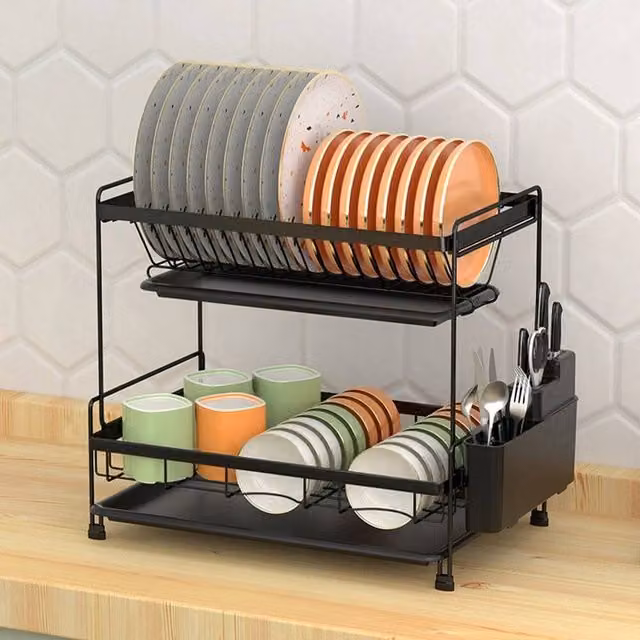 KORVIXA 2 Tier Wire Dish Drainer Rack with Cutlery Holder and Drip Tray, Black, W: 52.0 cm, D: 52.0 cm, H: 36.0 cm – 1