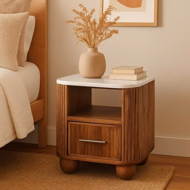 Artisan Furniture Beaumont Mango Wood and Marble Bedside Table in Brown and White